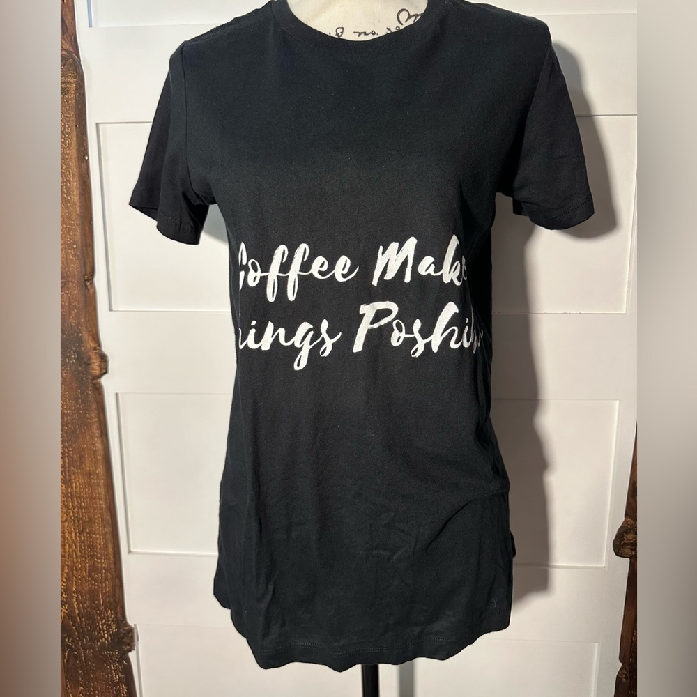 Bella Women’s XL Graphic Tee Black Coffee Shirt White Letters NWOT Runs Small